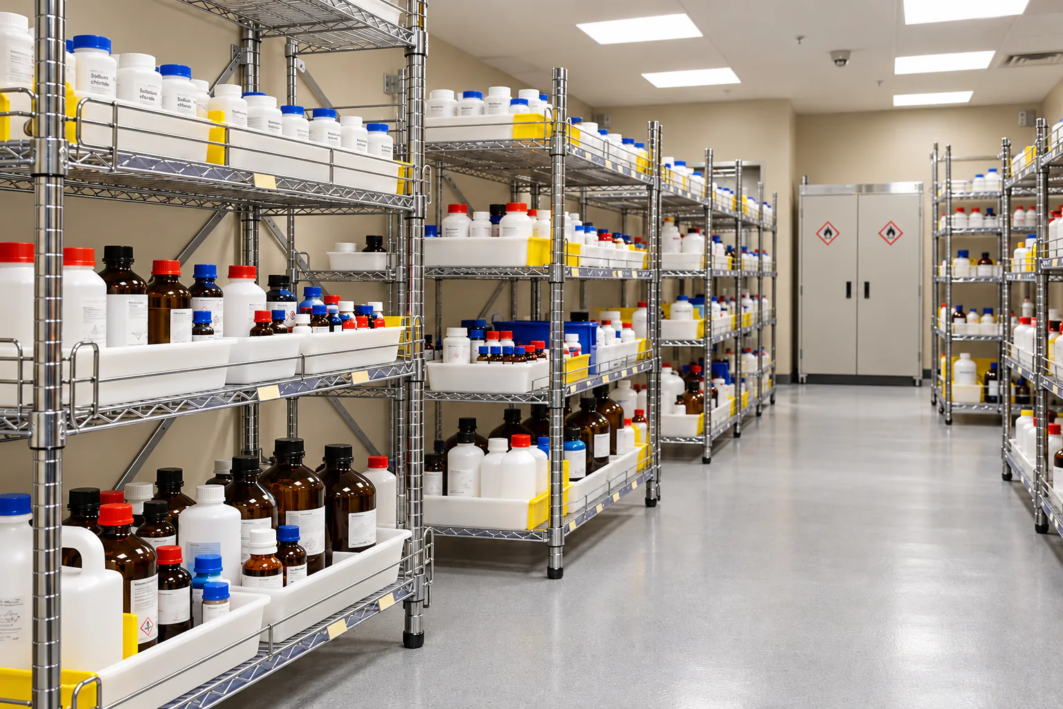 Illustrative chemical stockroom with reagent containers organized on shelving.