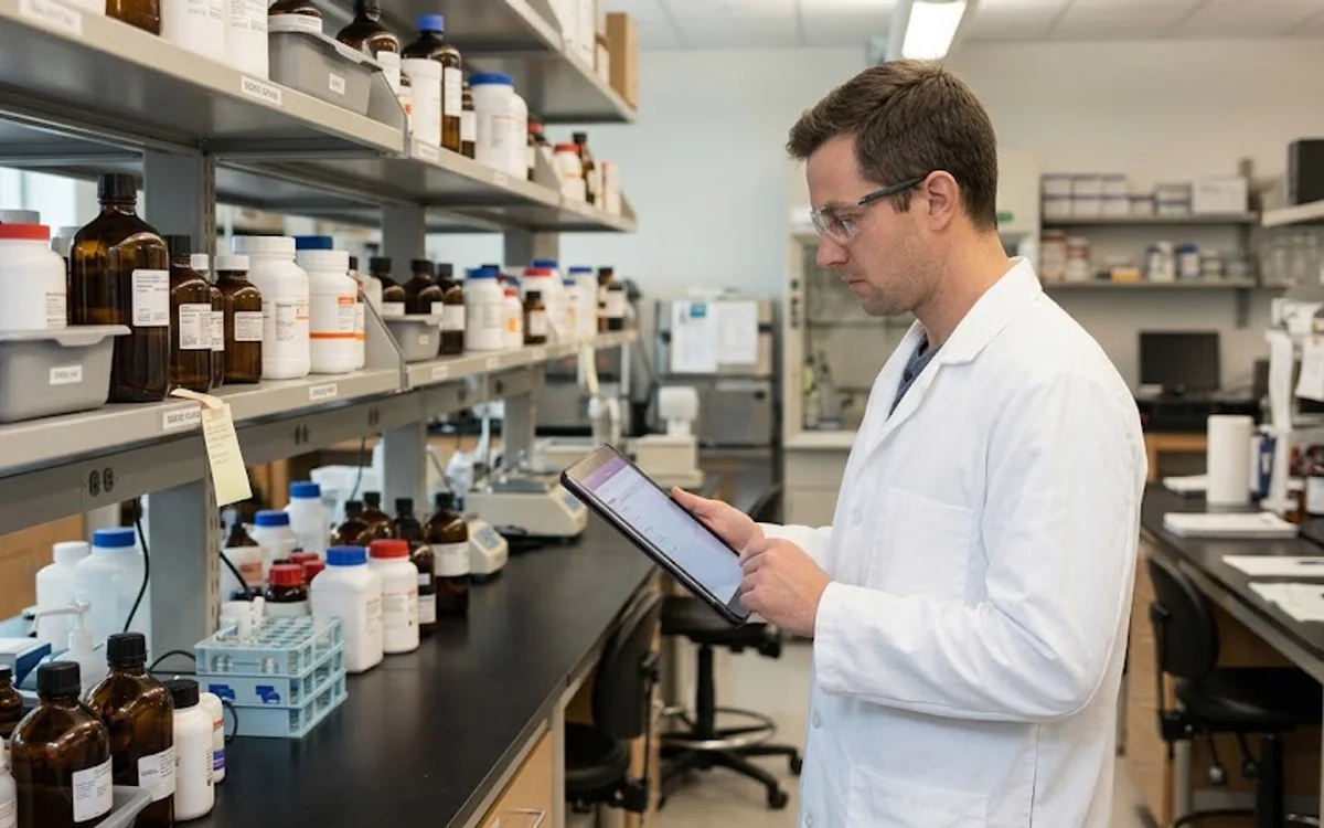 Scientist reviewing chemical inventory on a tablet beside laboratory storage shelves.