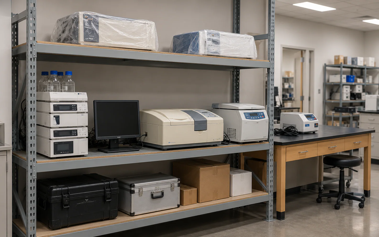 Laboratory instruments arranged on storage shelves and a workbench.
