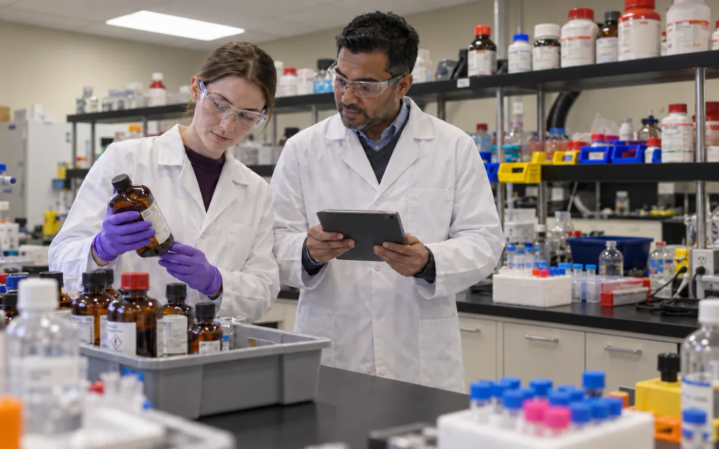 Two laboratory scientists reviewing a chemical container and digital inventory information.