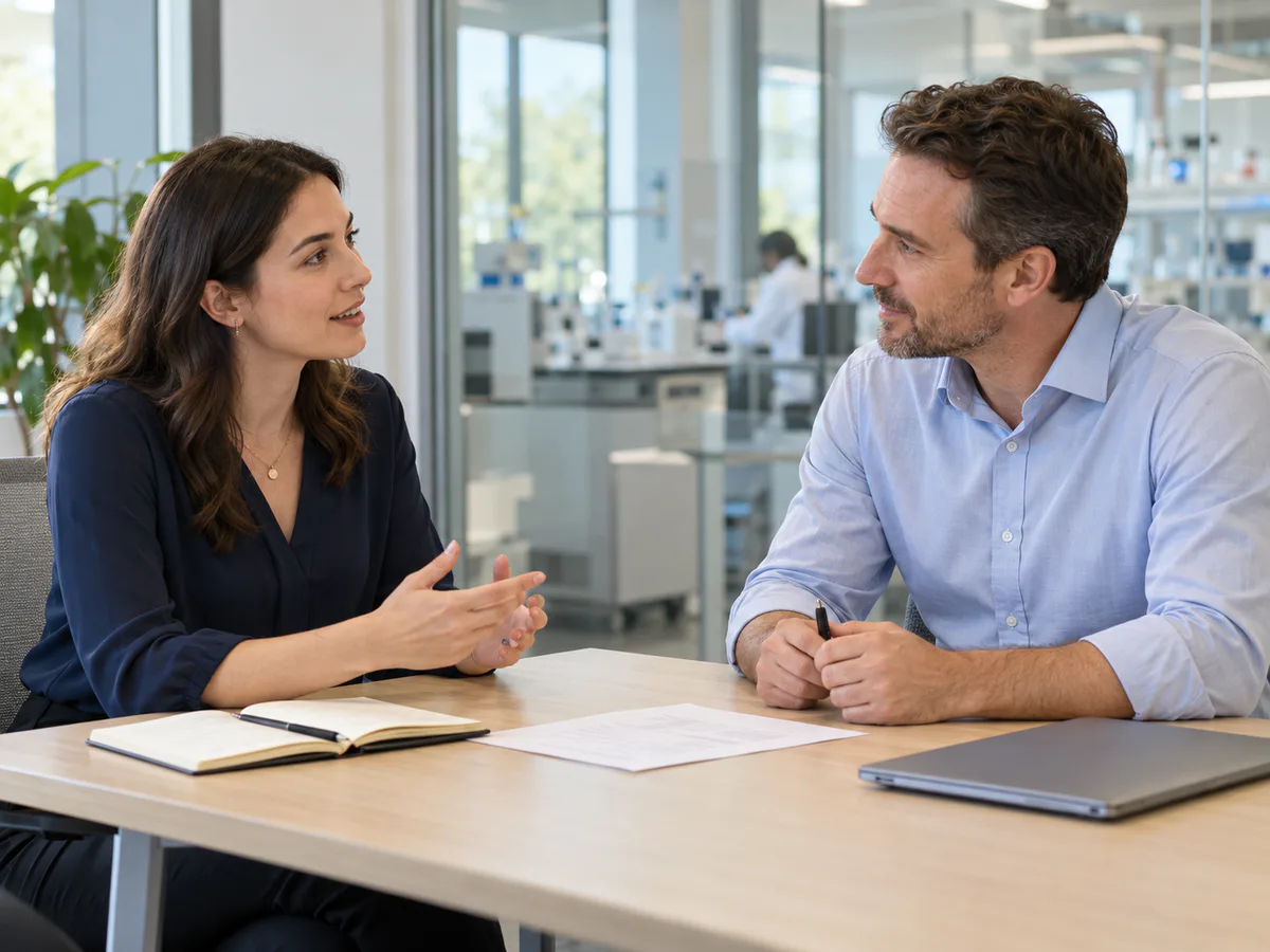 Two professionals discussing experience and collaboration opportunities.