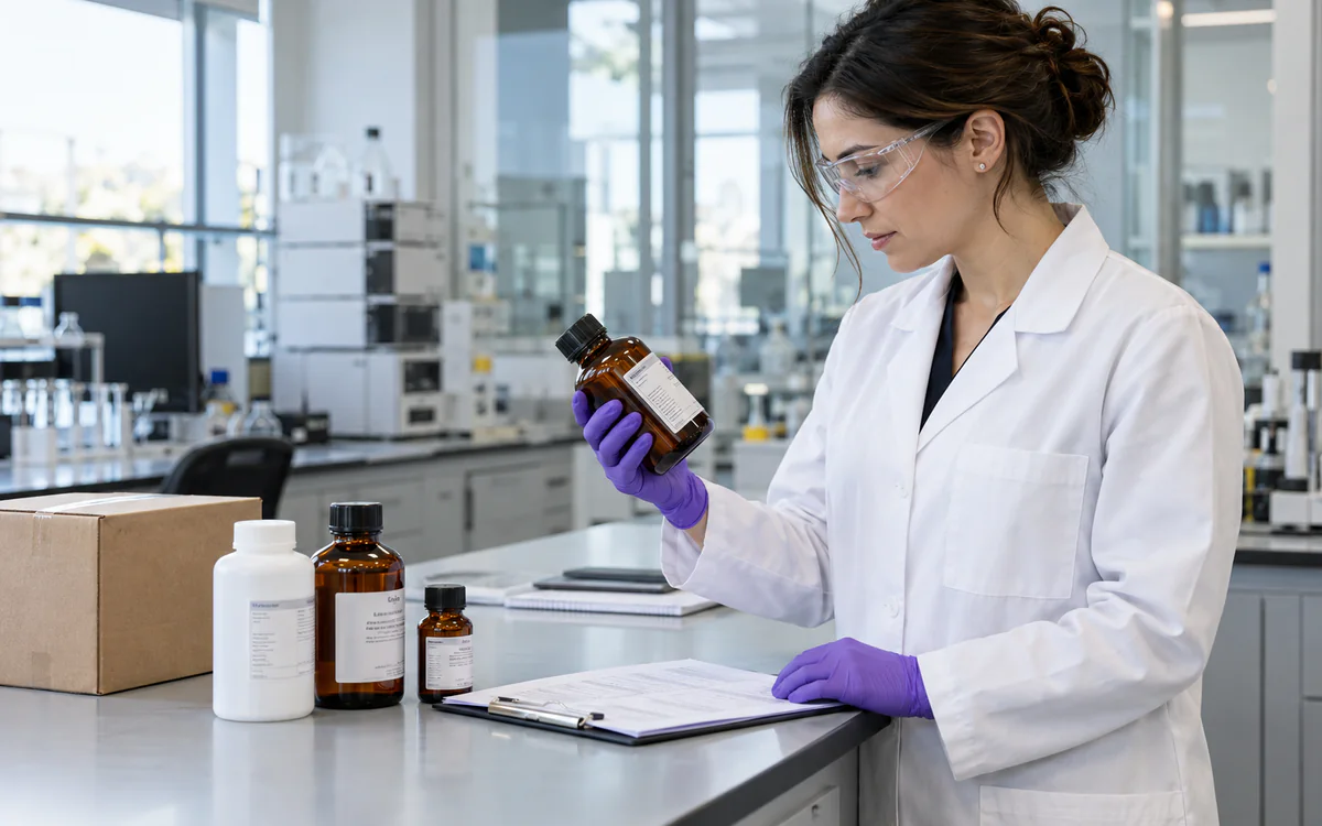 Scientist reviewing a reagent bottle and chemical specification sheet.