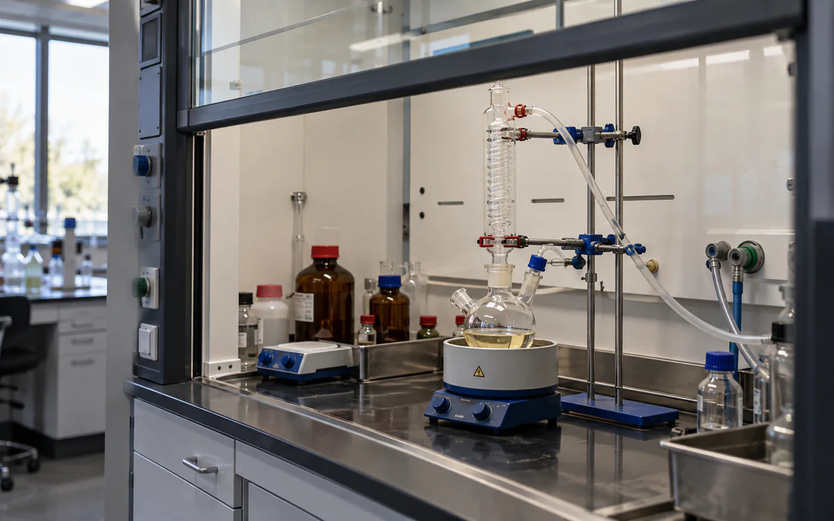 Laboratory reaction glassware inside a fume hood.