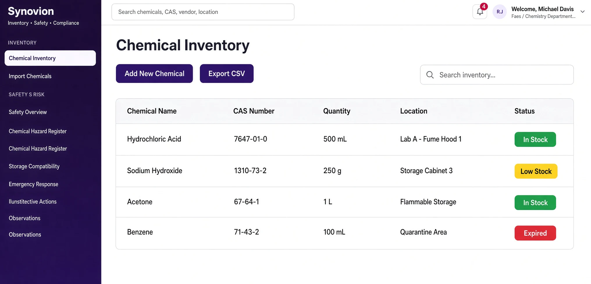 Illustrative Synovion chemical inventory interface.