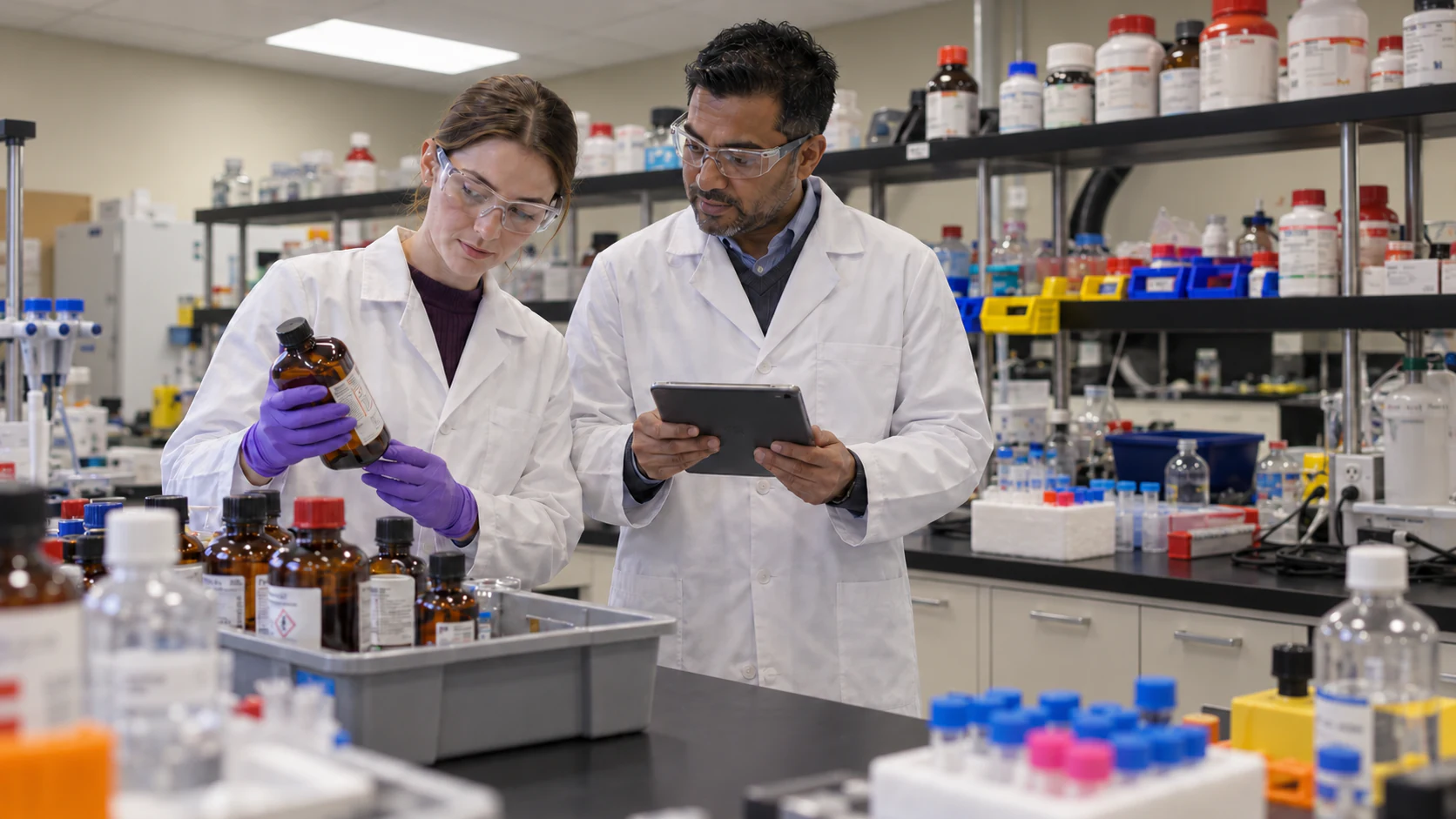 Two scientists reviewing a reagent label and digital inventory records in a laboratory.
